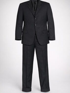 Men’s 50L Black 100% Wool Suit 2 Pc Classic Fit Cuffed Pants Formal Business